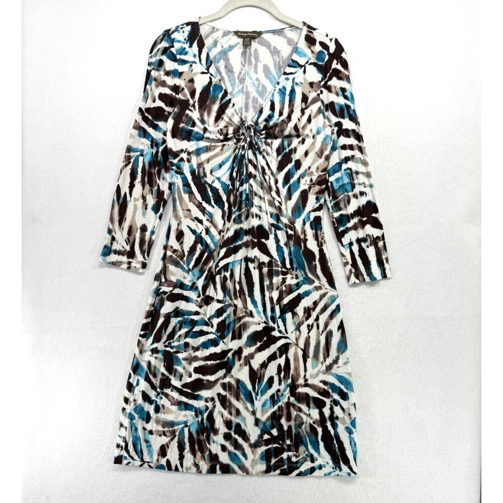 Tommy Bahama Dress Womens Small Blue Brown White Abstract Tie Front 3/4 Sleeve